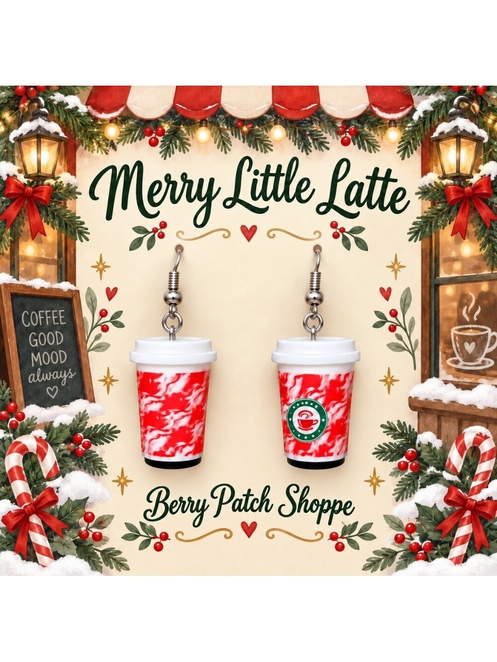 Merry Little Latte Christmas Holiday Cheer Cup Earrings